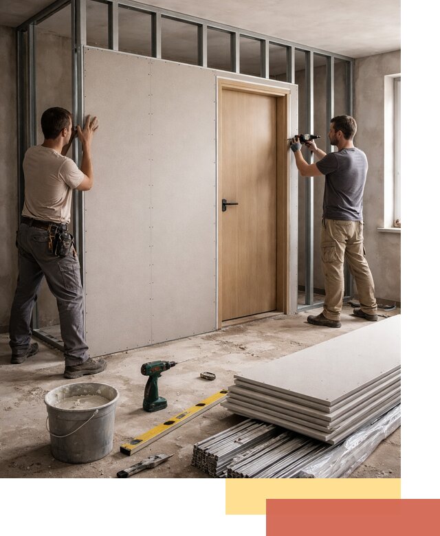 Перегородка из гипсокартона с дверью под ключ в Ефремове