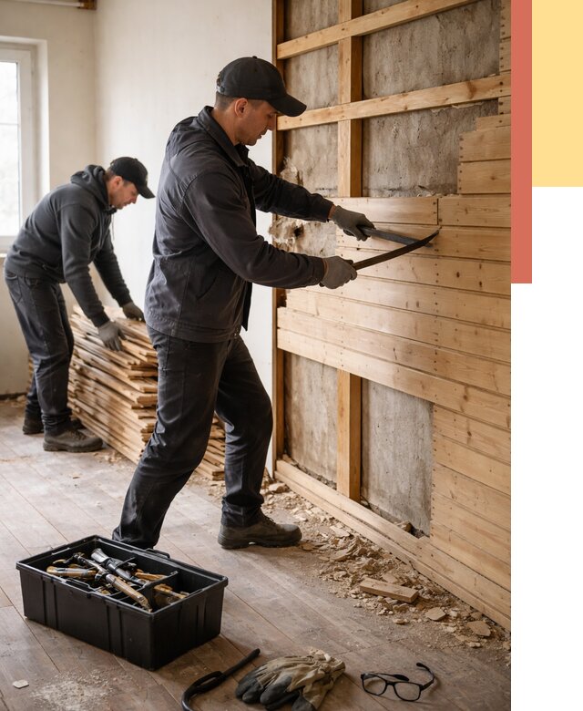 Демонтаж вагонки в Ефремове от 3893 руб/м2 — быстро и недорого | ОТДЕЛОЧНИК-Фрм