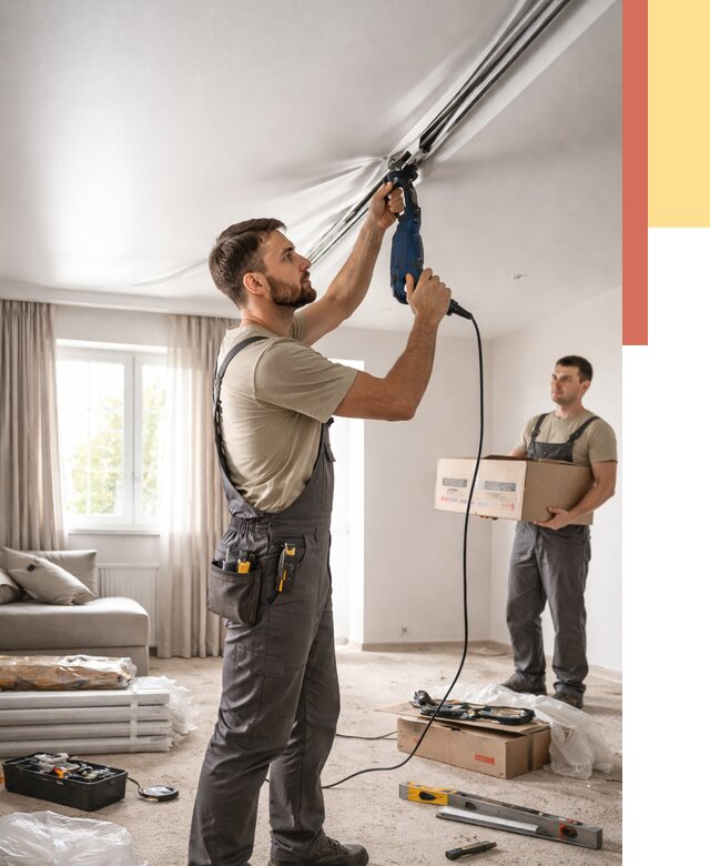 Монтаж сатинового натяжного потолка в Ефремове от 3586 руб. | Быстро, недорого — ОТДЕЛОЧНИК-Фрм