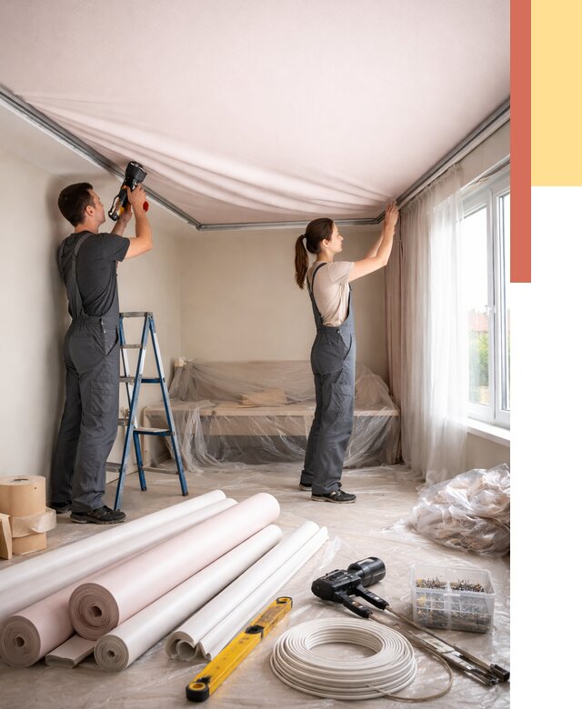 Монтаж цветного натяжного потолка в Ефремове от 4303 руб/м² — быстро и недорого | ОТДЕЛОЧНИК-Фрм