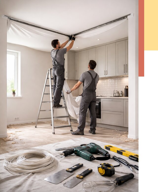 Установка натяжного потолка на кухне в Ефремове от 2459 руб. | ОТДЕЛОЧНИК-Фрм