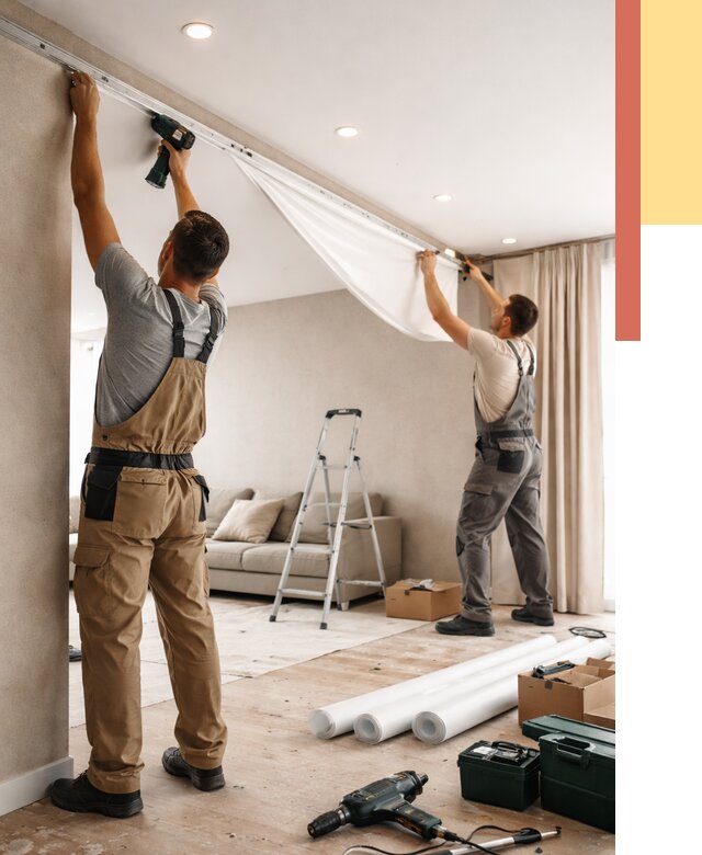 Монтаж натяжного потолка в гостиной в Ефремове от 563 руб. | ОТДЕЛОЧНИК-Фрм