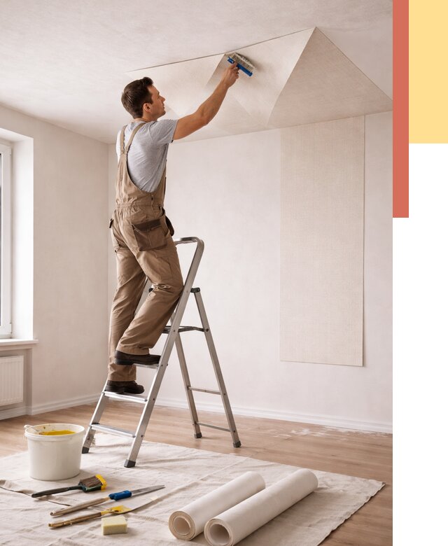 Поклейка обоев на потолок в Ефремове от 4610 руб. быстро и недорого | ОТДЕЛОЧНИК-Фрм